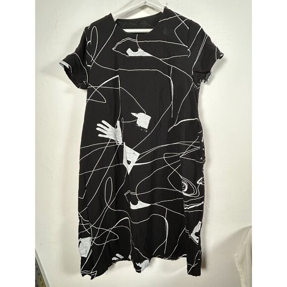 Womens Black & White Abstract Graphic Short Sleeve Midi Dress Pockets Casual - Picture 1 of 6